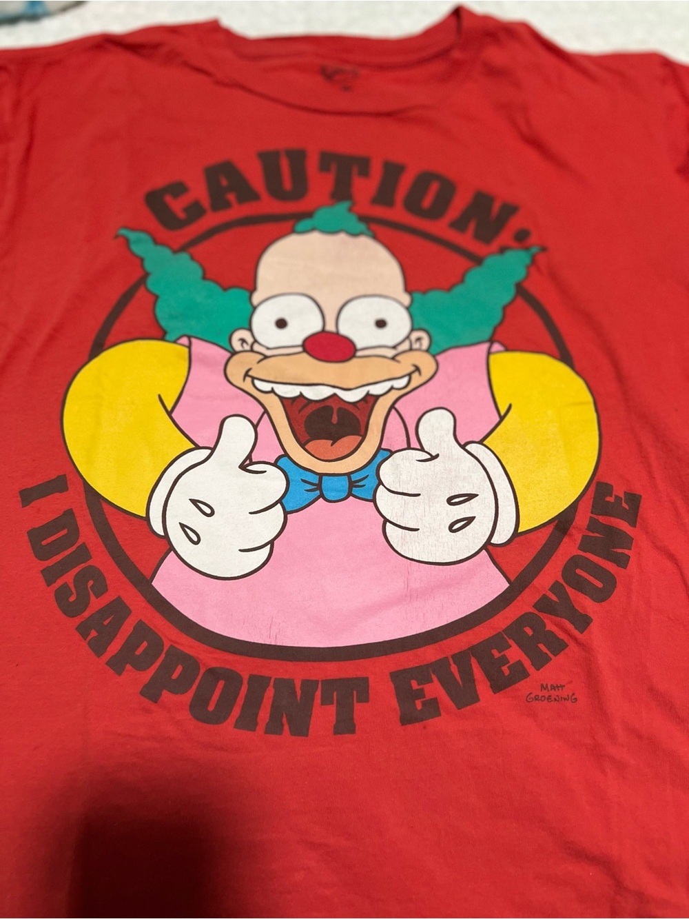 The Simpsons CAUTION: I DISAPPOINT EVERYONE Size Large Red T-Shirt KRUSTY CLOWN